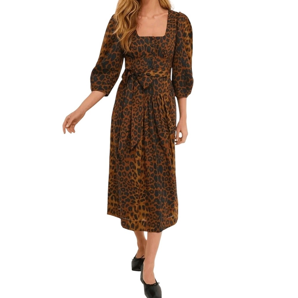 NWT Tuckernuck Leopard Graciela Midi Dress 2 Brown Animal Print Puff Sleeve
